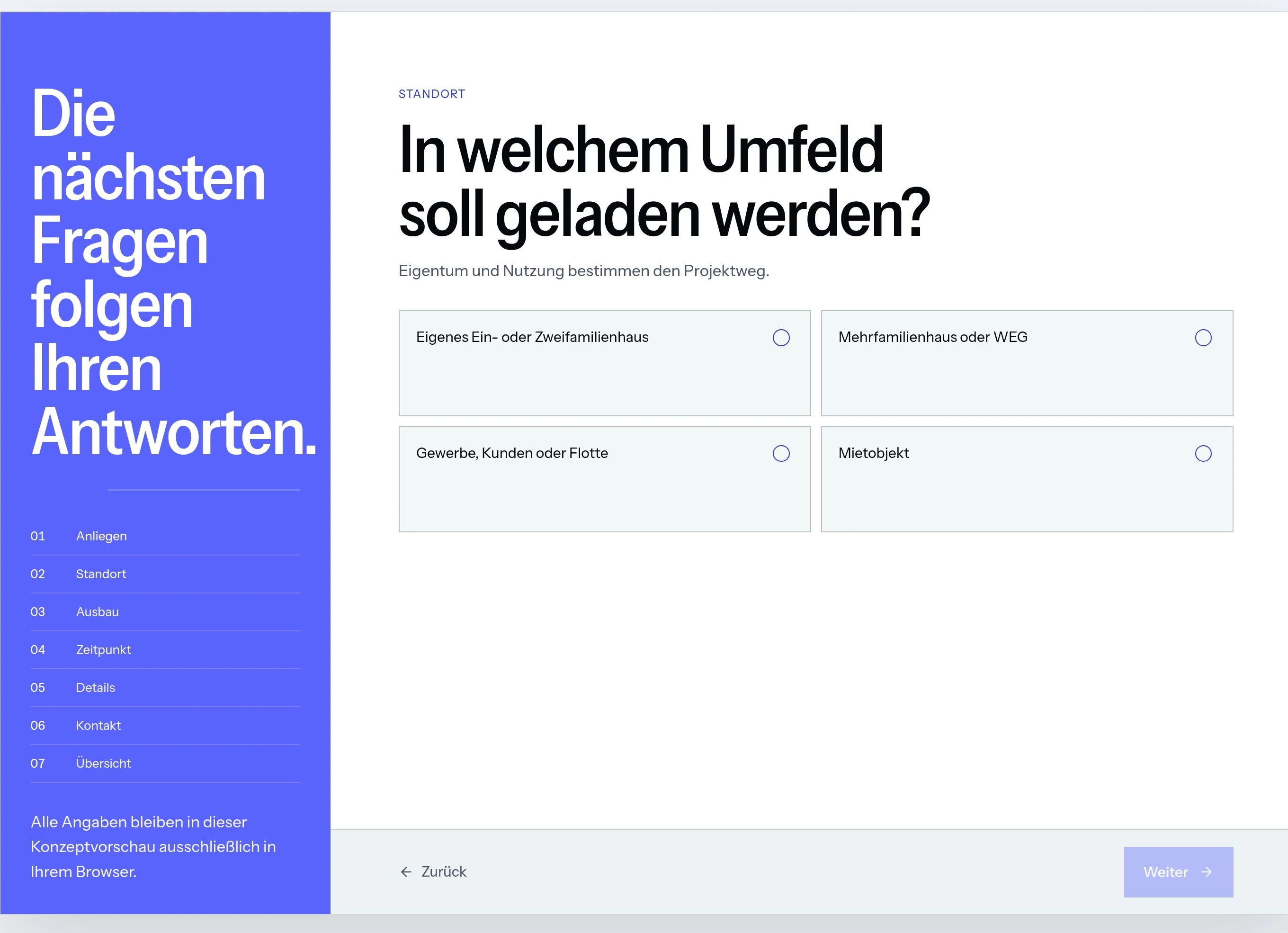 Original des Elektro-Projektassistenten mit Verlaufsleiste und vier Auswahlmöglichkeiten zum Umfeld des Ladepunkts.