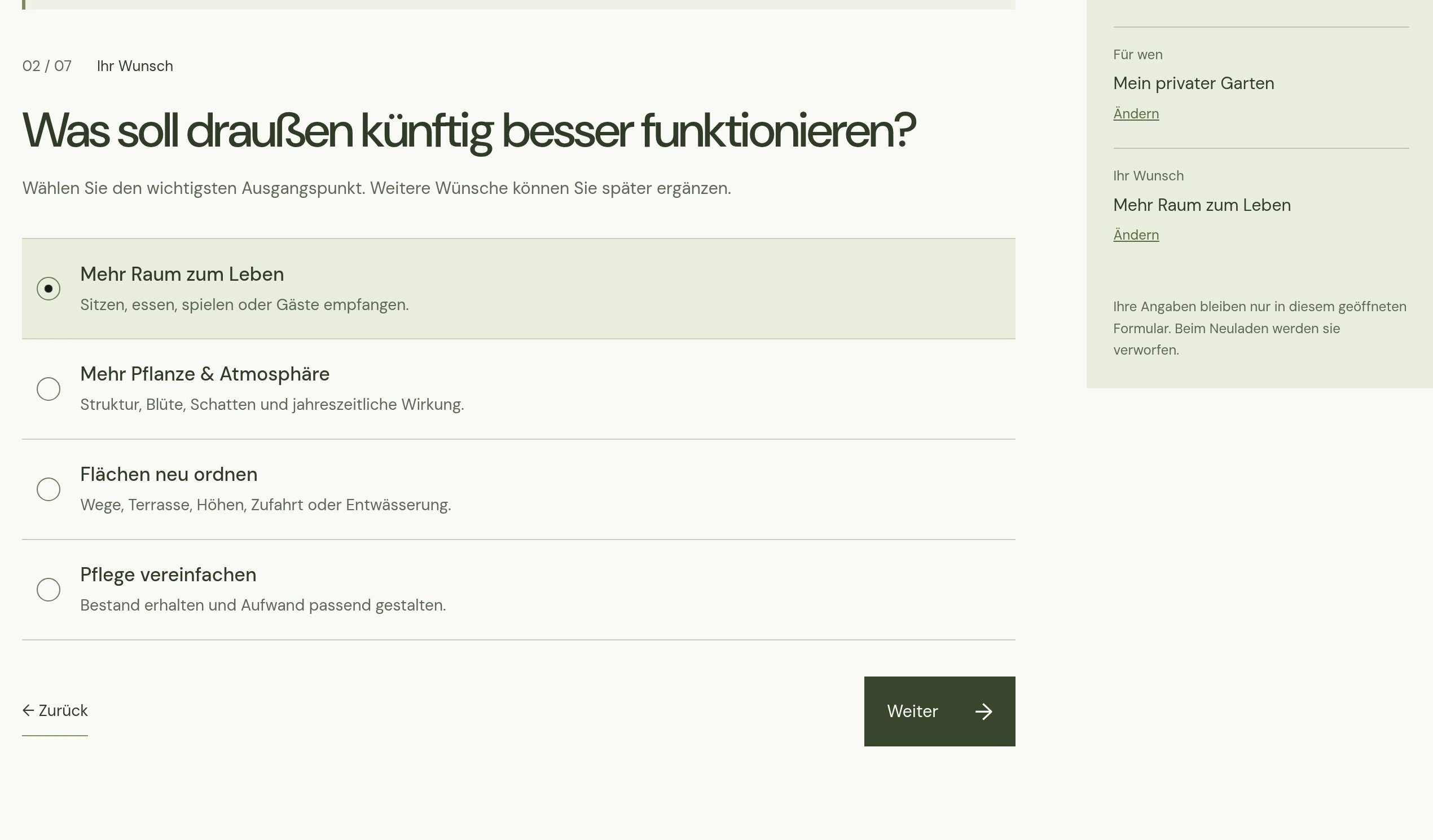 Original des Garten-Checks mit ausgewähltem Wunsch und einer seitlichen Übersicht der bisherigen Angaben.