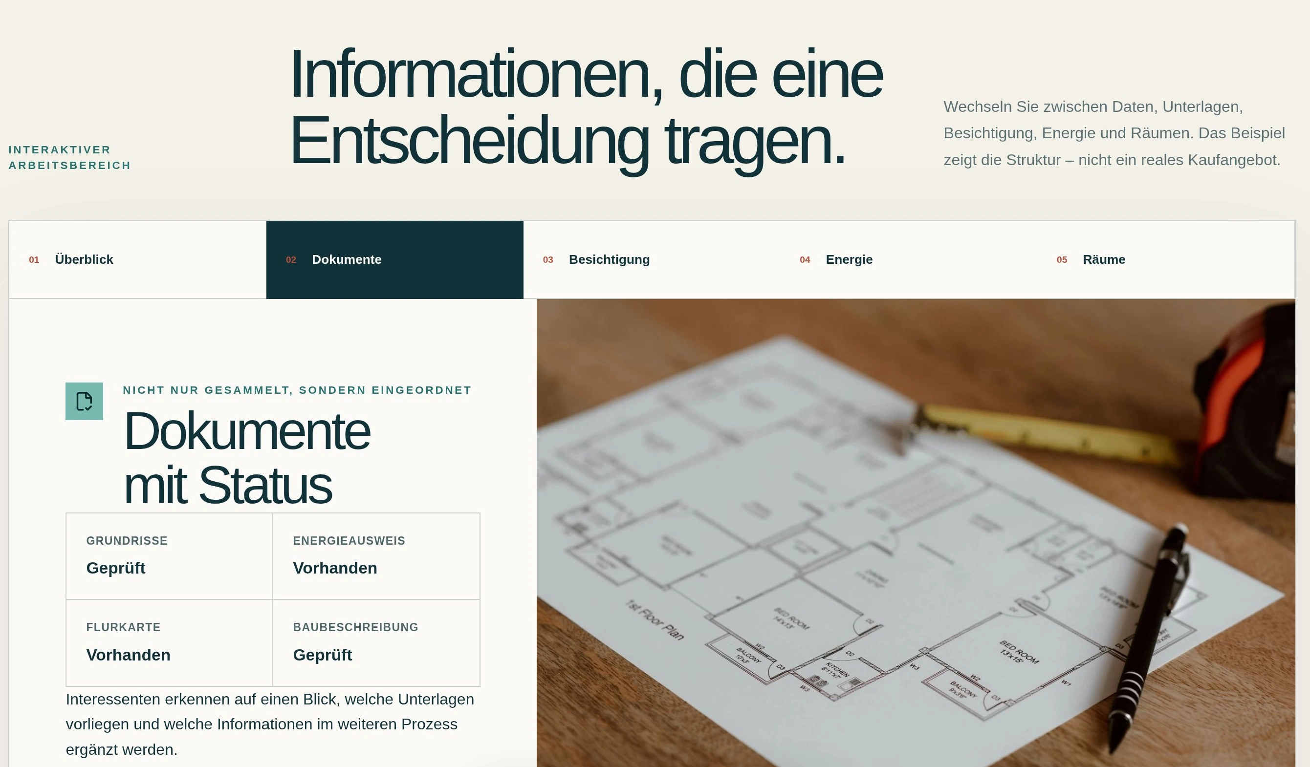 Originalausschnitt der geöffneten Dokumentenansicht in der digitalen Objektakte mit Status für Grundrisse, Energieausweis, Flurkarte und Baubeschreibung.